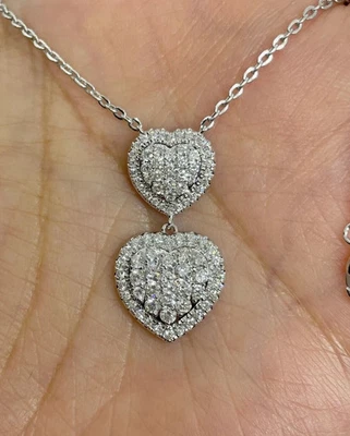 2 kt Laborgefertigter runder Diamant-Anhänger zwei Herzen 14 K Weißgold vergoldet 18 Zoll Kette - Bild 1 von 4