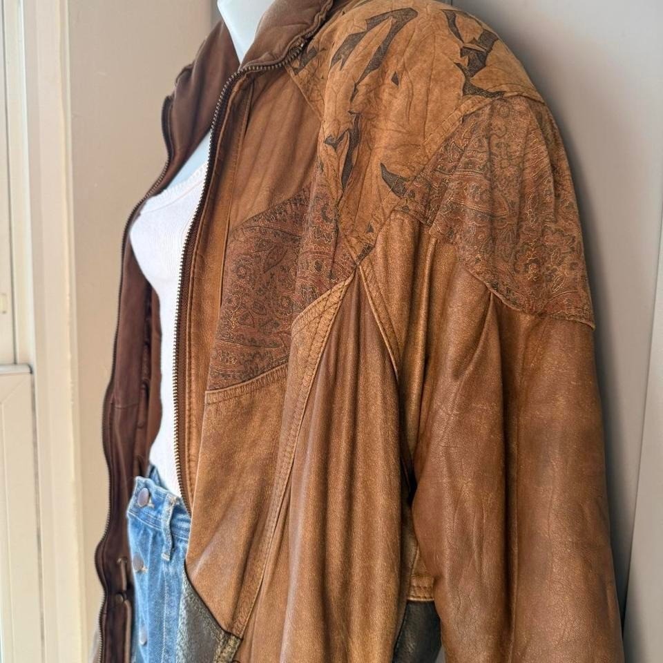 Statement Patchwork Brown Leather Jacket Oversize… - image 3