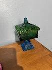 Vintage Jeanette Glass Pedestal Wedding Cake Box  Lid Candy Dish Blue Green Teal