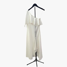 ZARA Women White One Shoulder Asymmetric Ruffle Midi Dress XS Lyocell Linen