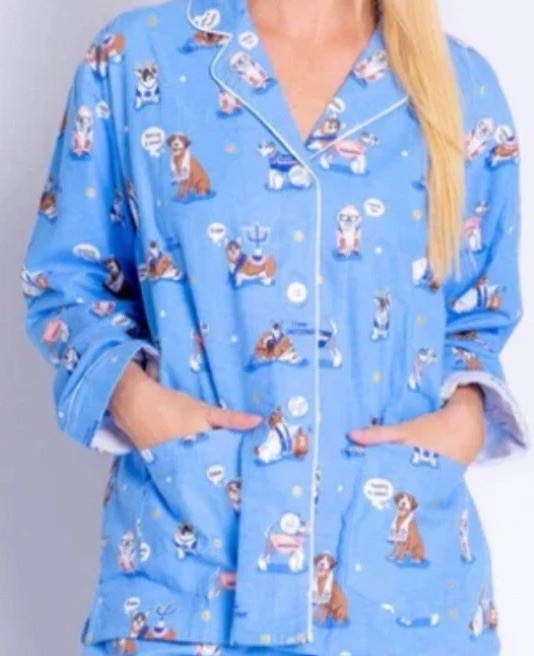 PJ Salvage Blue 100% Cotton Flannel Dog & Cat Hanukkah Pajama Top Size Large New