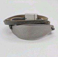 Faux Leather Bracelet Layered 3 row with Metallic Silver tone Grey Magnetic