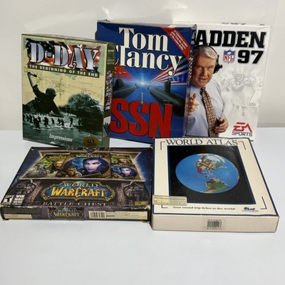 VTG Big Box Computer PC Software Lot D-day Tom Clancy SSN Madden Warcraft Atlas