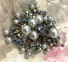 Vintage Costume Jewelry Unsigned Robert Aurora & Faux Pearl Flower Brooch