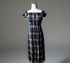 Urban Outfitters Dress Plaid Smocked Monica XS Long With Side Slit Blue