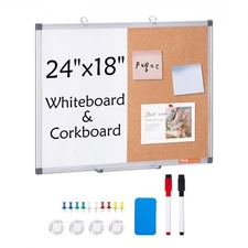 VEVOR 24"x18" Whiteboard & Cork Board Combo with Aluminum Frame C 2-in-1 Magneti