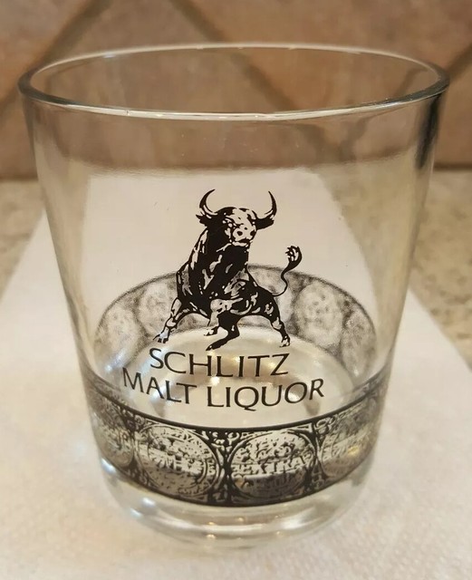 Schlitz Malt Liquor Bull Beer Glass Black Logo Glass Rocks Tumbler 10