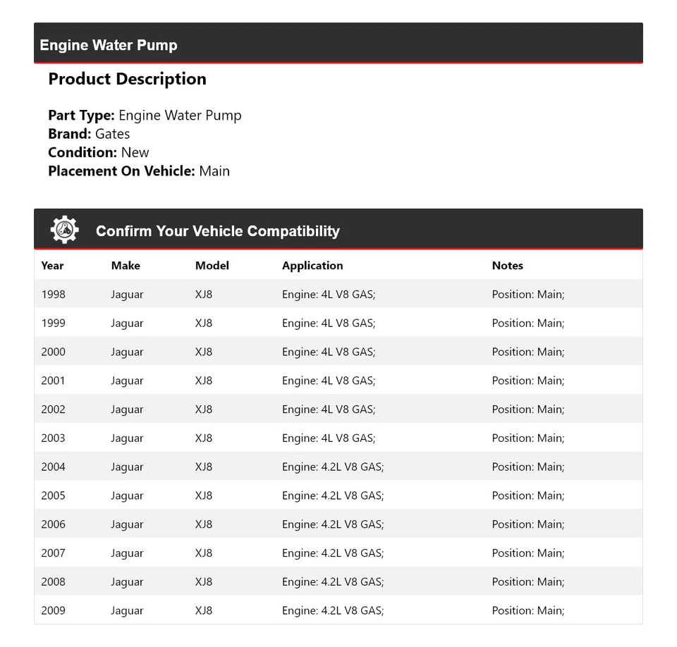 For 1998-2009 Jaguar XJ8 Engine Water Pump Main Gates 1999 2000 2001 2002 2003 - Image 2 of 4