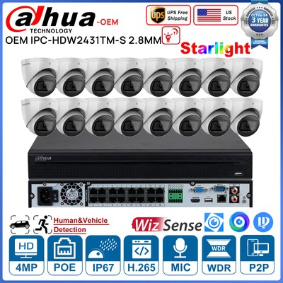 Dahua OEM 16CH 16POE NVR WizSense 4MP IR Security IP Camera MiC CCTV System Lot