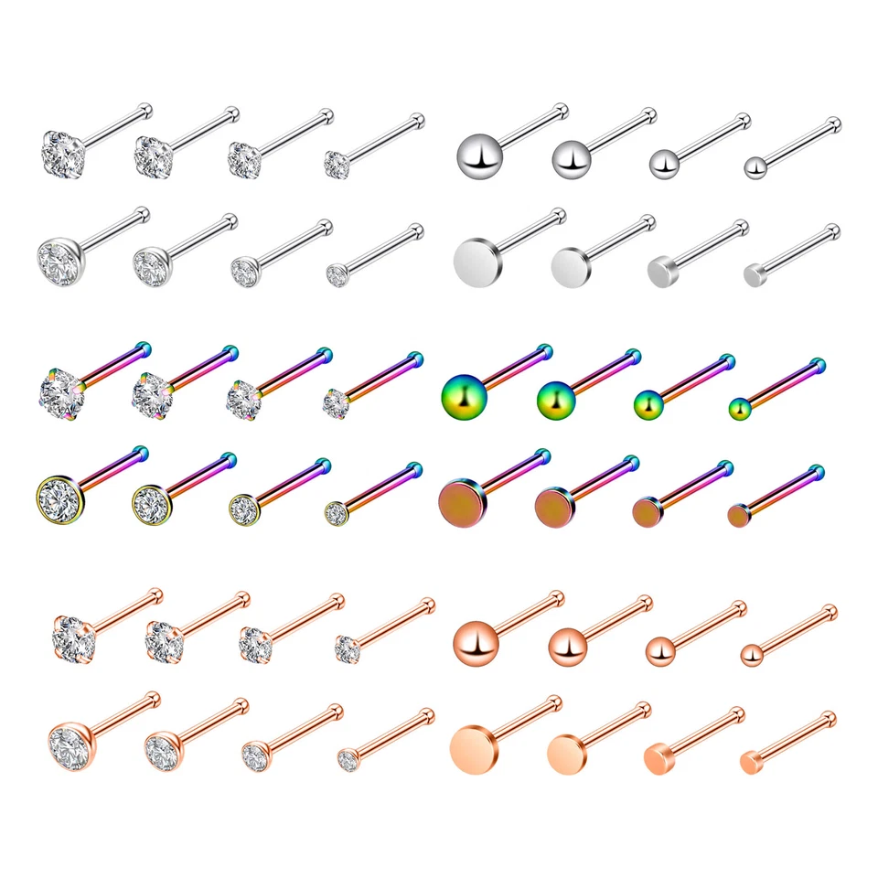 16件装手术钢鼻钉环球/平/CZ螺丝L鼻骨钉套装20G — 第 2/4 张图片