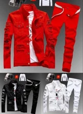 Men Denim Ripped jeans Coat Pants Suit 2PCS Cotton Casual Jacket Trousers Slim @
