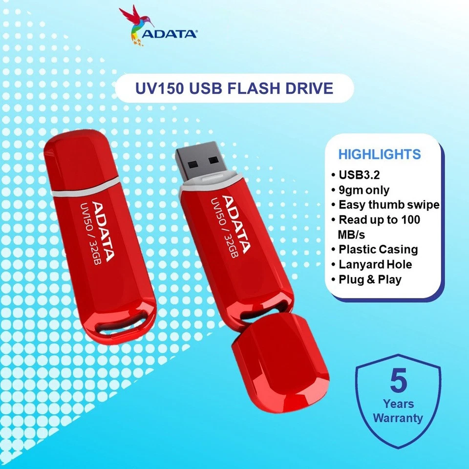 ADATA UV150 8GB-512GB Flash Drive Memory USB 3.2 Gen1 Thumb Stick Storage Device - Image 4 of 4