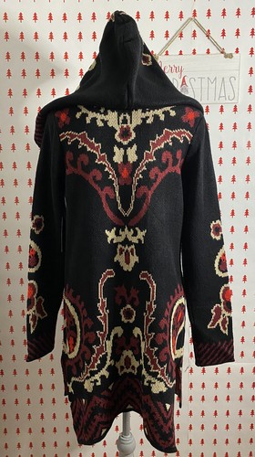 Bcbg MaxSport XS LONG CARDIGAN w HOOD Black PAISLEY Heavy Sweater Duster $368 - Picture 5 of 12