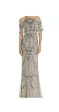 NWT Aidan Mattox Metallic Silver Cold-Shoulder Beaded Gown Size 4 MSRP 395