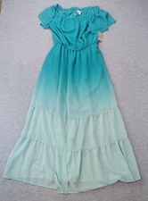 Belle & Sky Maxi Dress Double Dip Long Ruffle Green Cap Sleeve Womens M NWT