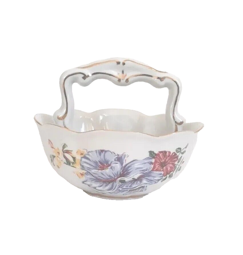 Royal Gallery Decorative Bowl w/ Handle glazed ceramic w/floral design gold trim - Afbeelding 7 van 7