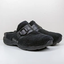EASY SPIRIT Eleena Sherpa Faux Fur Mules Clogs Shoes Cozy Comfort Black Sz 8.5