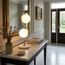 Modern Luxury  Brass Table Lamp with White Glass Globe Shades & Marble Base