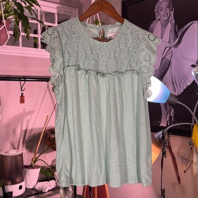 Lauren Conrad Lace Ruffle Sleeve Top Mint Green XL
