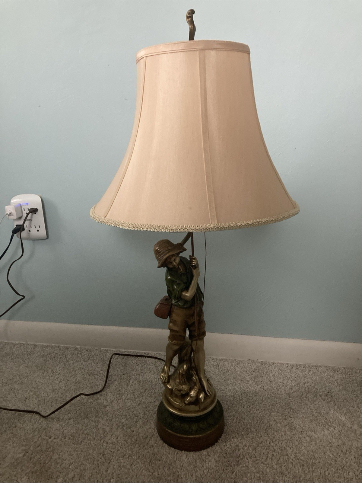 L F Moreau Boy With Fishing Pole - “The Duck Fisherman” 3-way Lamp - Nice Cond.