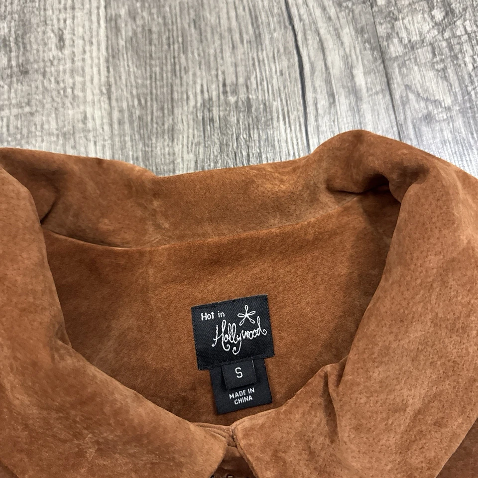 Hot in Hollywood Suede Leather Beaded Floral Embellished Long Jacket Brown S - Image 3 of 4