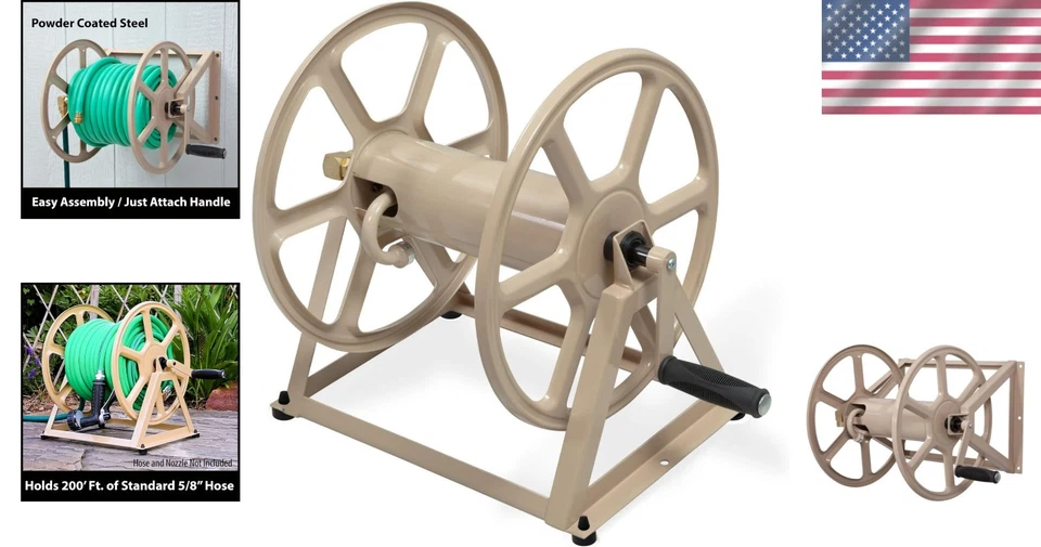 Heavy-Duty Hose Organizer - Holds 200ft, Steel Wall & Floor Mount Reel, Tan - Image 2 of 4