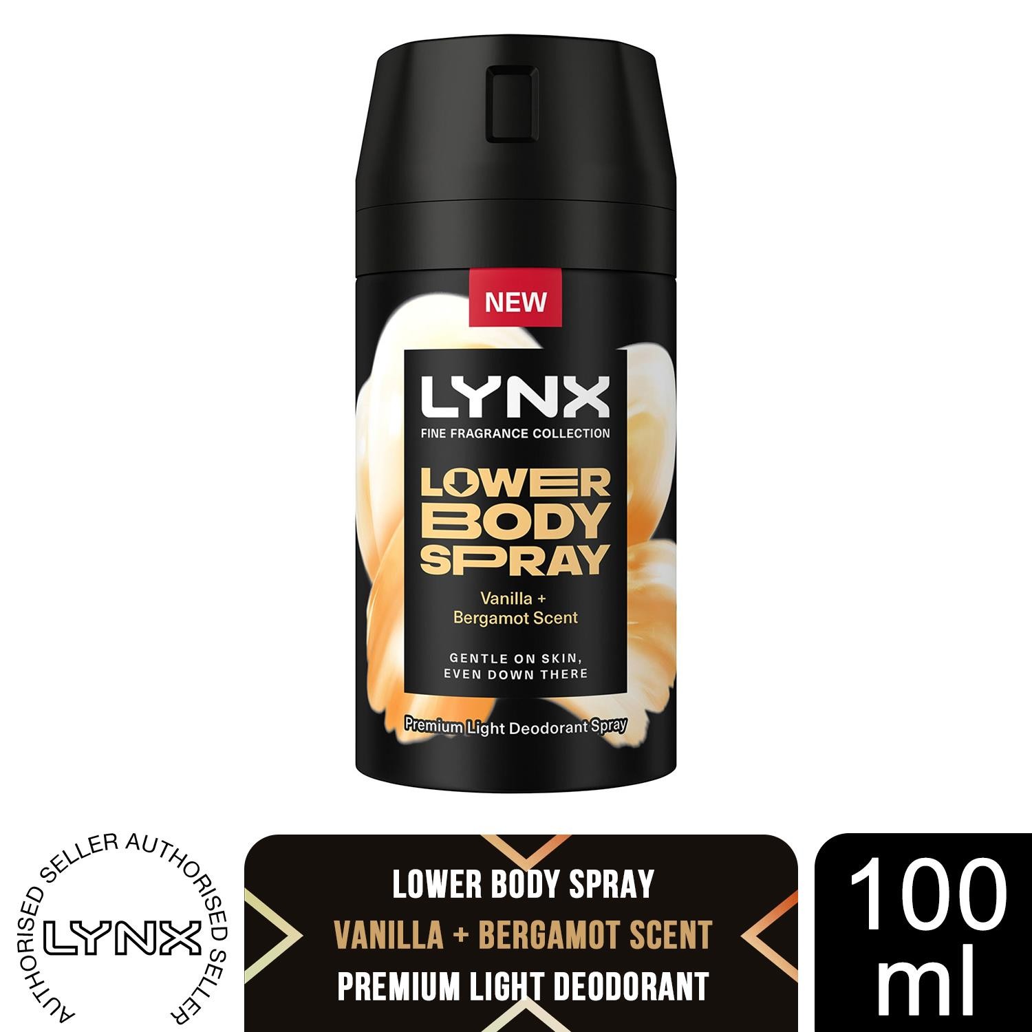Lynx Lower Body Spray Vanilla + Bergamot Scent 100ml Mens Deodorant 72H Fresh