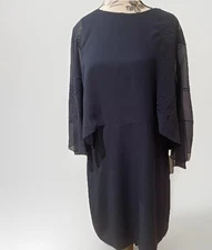 HALSTON Women’s Dress Navy Blue Embroidery With Cape