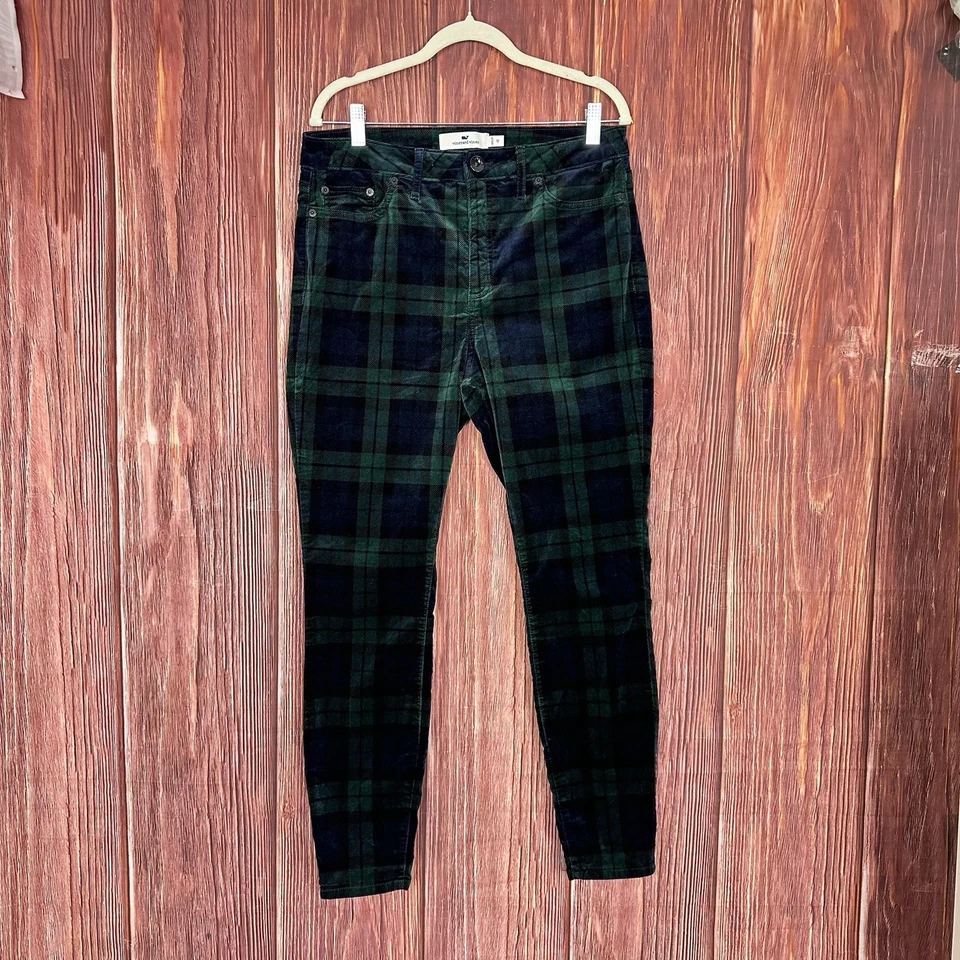 Pantalones al tobillo ajustados de tiro alto Vineyard Vines para mujer 12 Blackwatch terciopelo a cuadros Foto 2 de 4