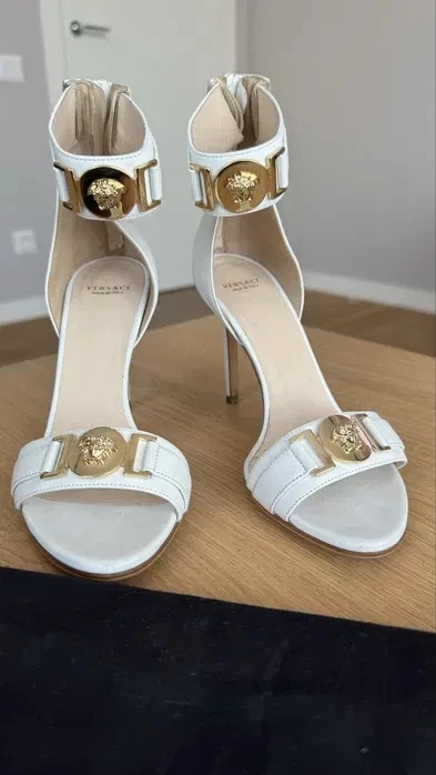 Versace — White Versace Leather Sandals with Ankle Strap and Medusa Medallions US 6 EU 36