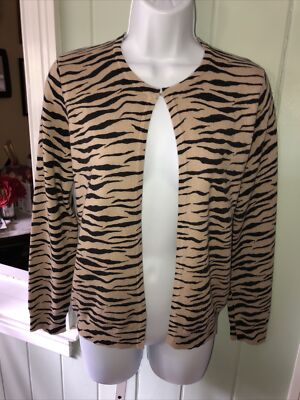 Leyla Mitra Tan Black Zebra Womens 100% Cashmere Cardigan Sweater Size Small