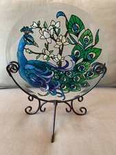 Peacock Art Glass Sun Catcher Round with Stand Holder 10"