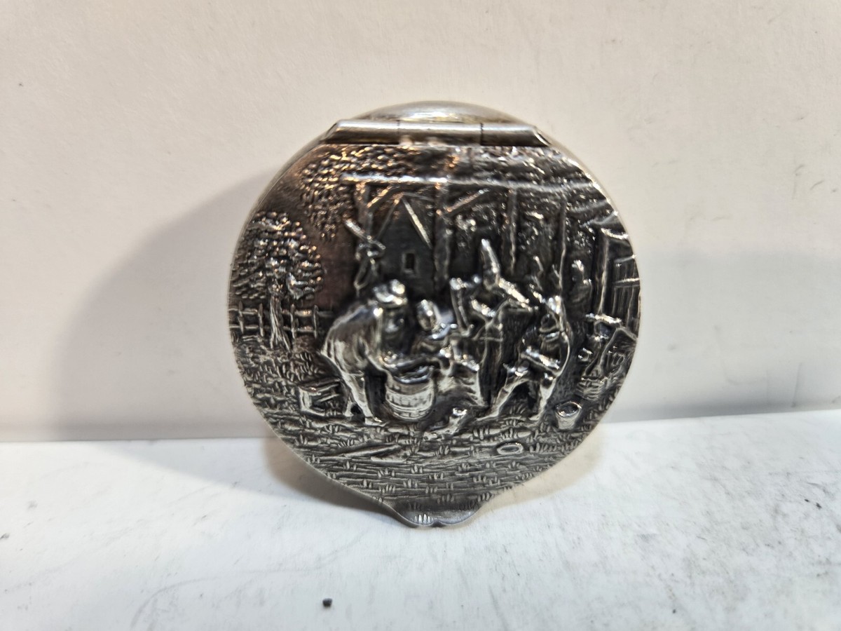 Vintage Silver Hans Jensen Pill Box Denmark Tavern Scene