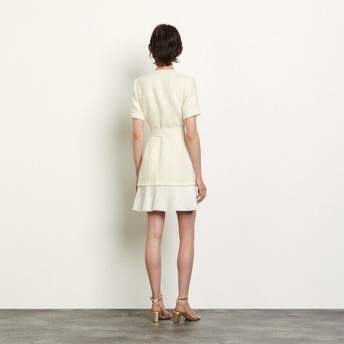 Sandro Slim Pleated Tweed Wool Blended Knit Dress - Picture 13 of 26