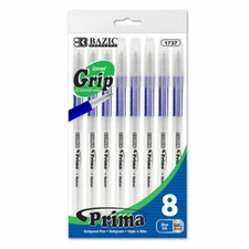 BAZIC Prima Blue Ink Stick Ball Pens + Cushion Grips (8-Pack)