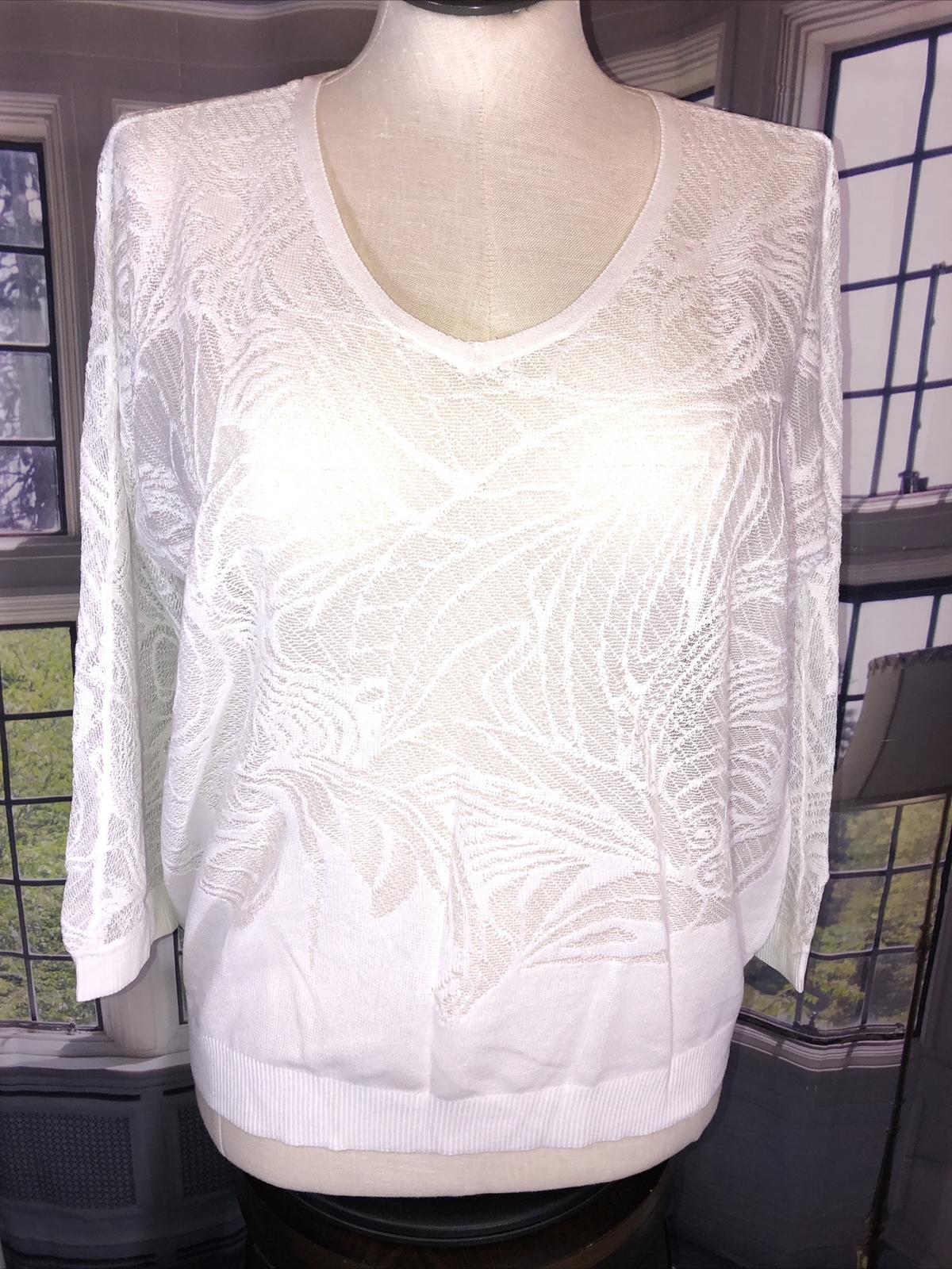 Chicos 2 NWT Alabaster floral burn out Top V Neck White sweater MSRP $109 L  | eBay