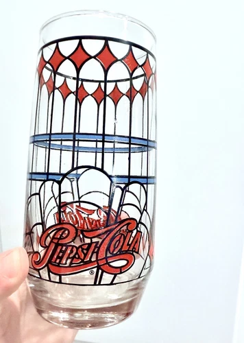 Vintage 1970’s Pepsi-Cola Stained Glass Drinking Glass 14oz Tiffany Style
