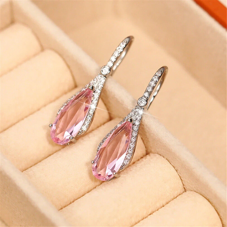 4Ct Pear Cut Lab-created Pink Sapphire Drop Dangle Earrings 14K White Gold over - Image 3 of 4