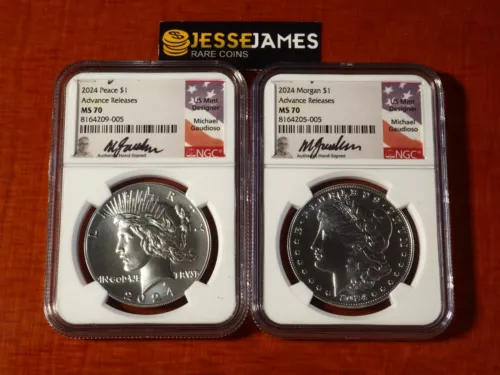 2024 $1 SILVER PEACE & MORGAN DOLLAR NGC MS70 ADVANCE RELEASES GAUDIOSO SIGNED
