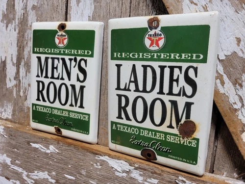 VINTAGE TEXACO PORCELAIN SIGN US GAS STATION RESTROOM MENS LADIES TOILET SERVICE