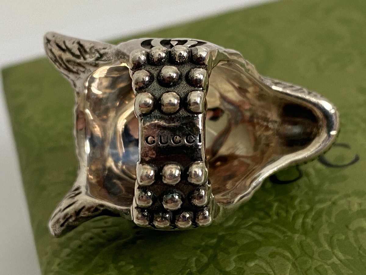NIB Gucci Anger Forest Wolf Head GG Marmont Sterling Silver Ring