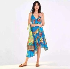 FARM RIO Women Blue Banana Sleeveless Wrap Dress Size S Asymptomatic Tropical