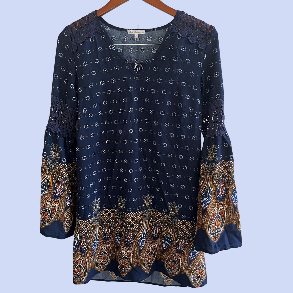 charlotte russe crochet dress Swing Womens Small Navy Paisly Print Bell Sleeves price-38 Size:MED B37 W32 H37 Filipiniana dress modern simple Womens dresses
