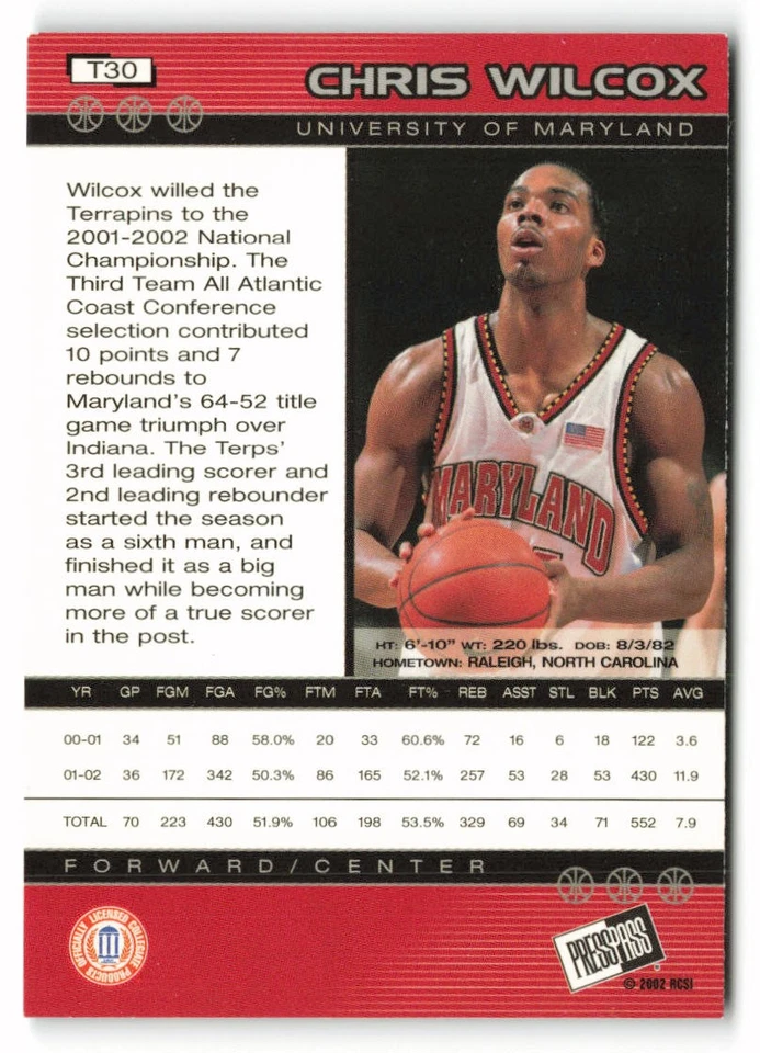 Press Pass #30 2002 Chris Wilcox Maryland Terrapins Foto 2 de 2