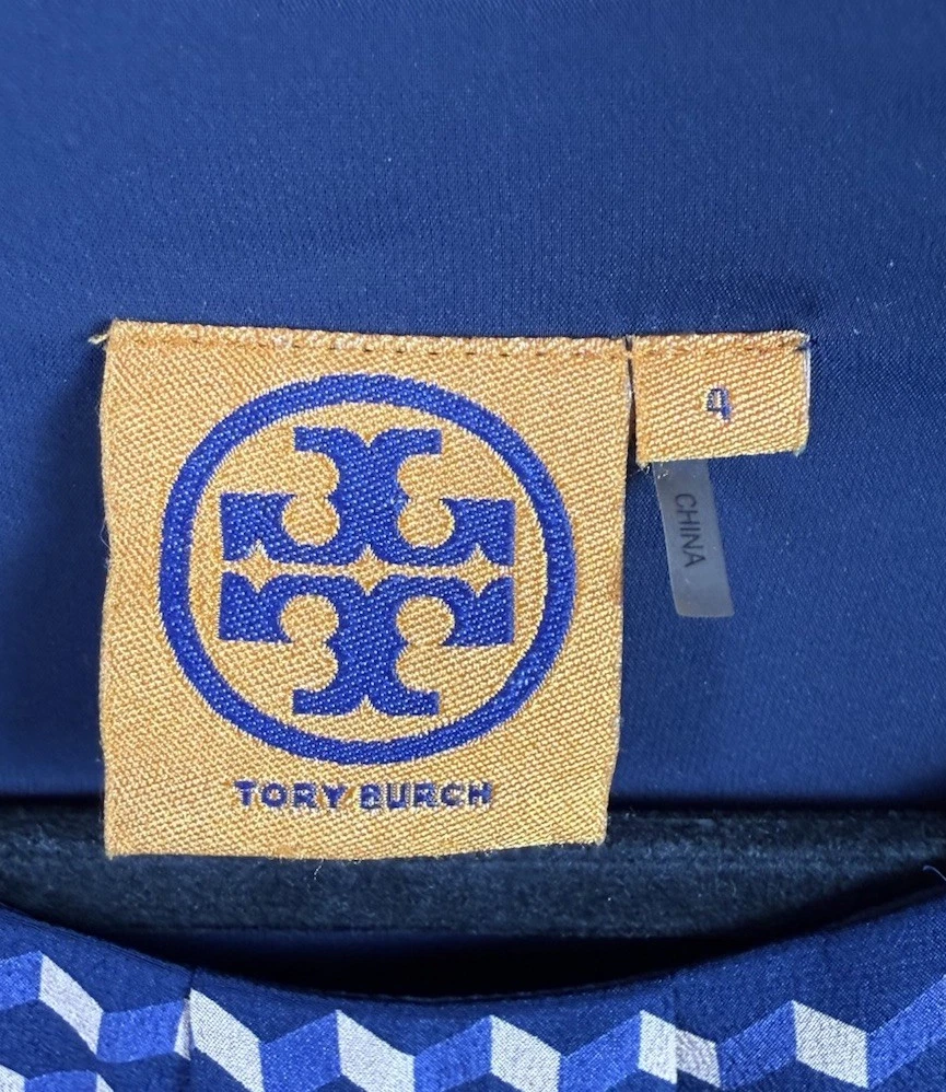 Abito tubino geometrico Tory Burch seta Marlow 4 blu navy mini carriera