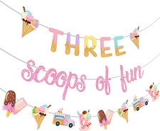 Three Scoops of Fun Banner Ice Cream 3rd Birthday Party Decoration for Girls, Gl