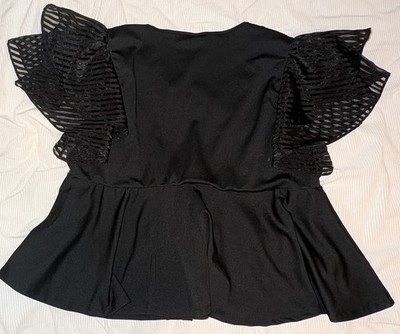 SHEIN SXY Black Solid V-Neck Flutter Sleeve Peplum Tie Knit Blouse L/XL