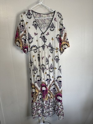 Fig & Flower Pippa Ivory Floral Puff Sleeve Belt Midi Dress Women's XL Boho Maxi