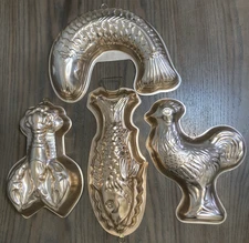Set Of 4 Aluminum Copper Tone Molds Fish Lobster Rooster Wall Kitchen Decor