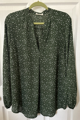 Lush Warren Split Neck Blouse Olive Green Cream Polka Dot Size 2X